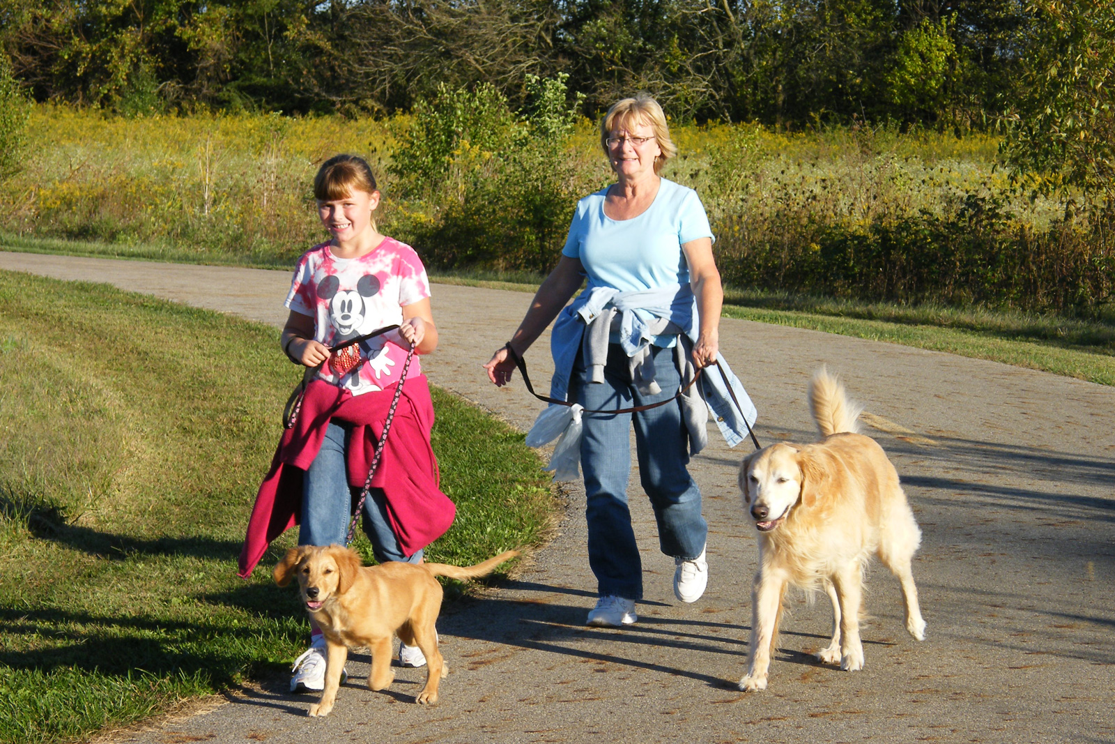 Walkers with their dogs on the Blacklick Creek Greenway Trail at Pickerington Ponds.