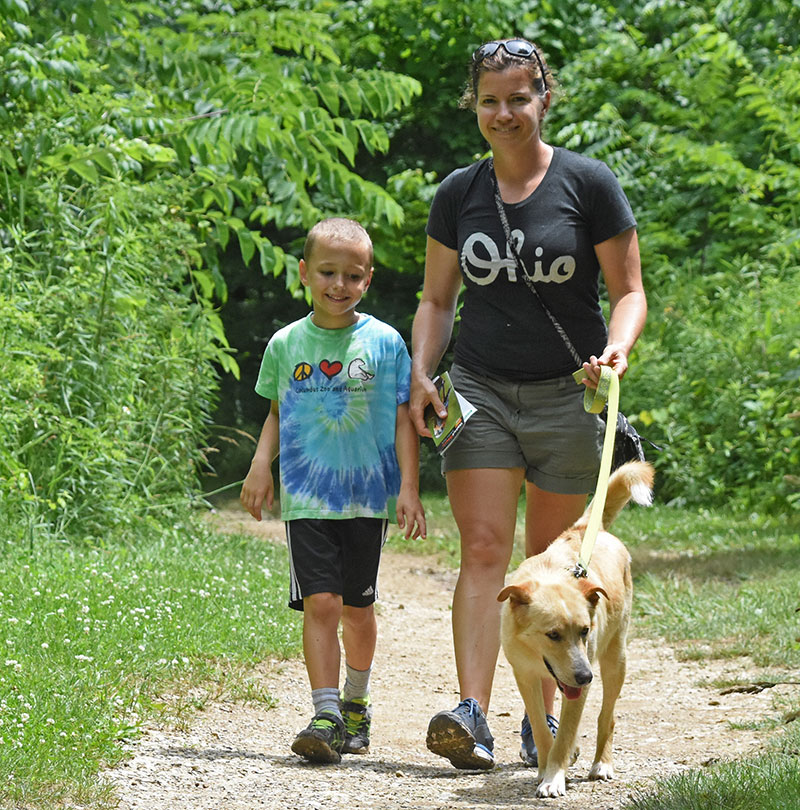 Highbanks Metro Park Mom, Son, and Furry Friend on Trail